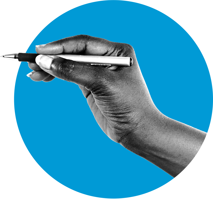 Hand holding a pen in a blue circle