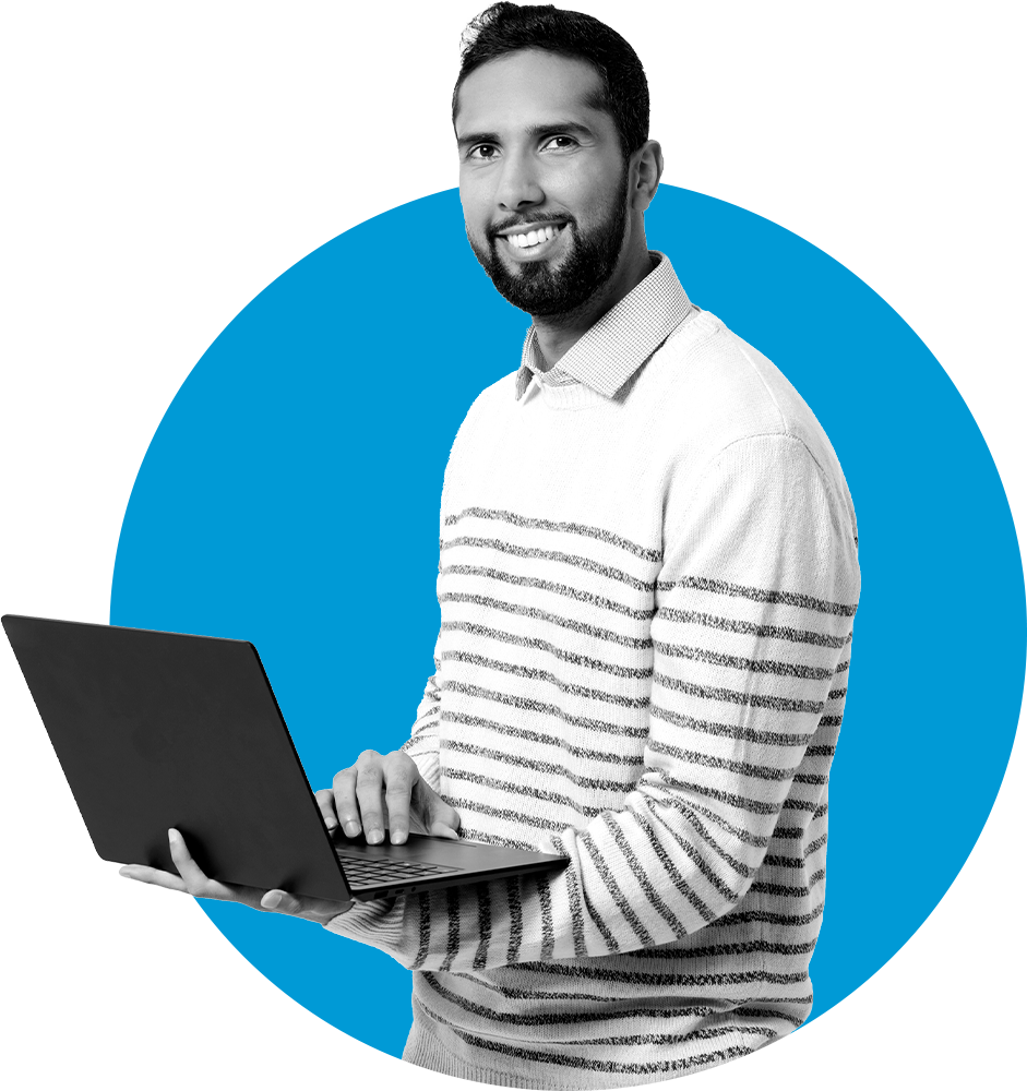 Male scientist in a blue circle