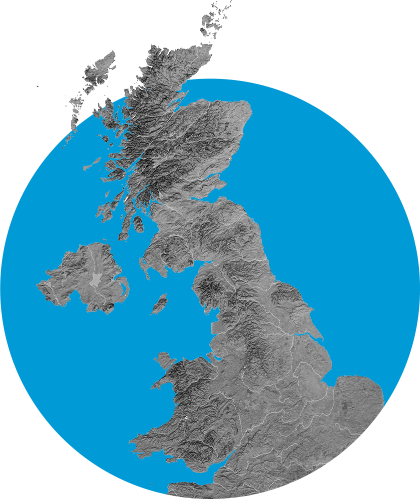 Map of the UK in a blue circle